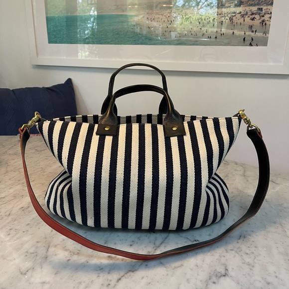 Clare V Canvas Messenger bag in navy and cream stripe. - Picture 2 of 10